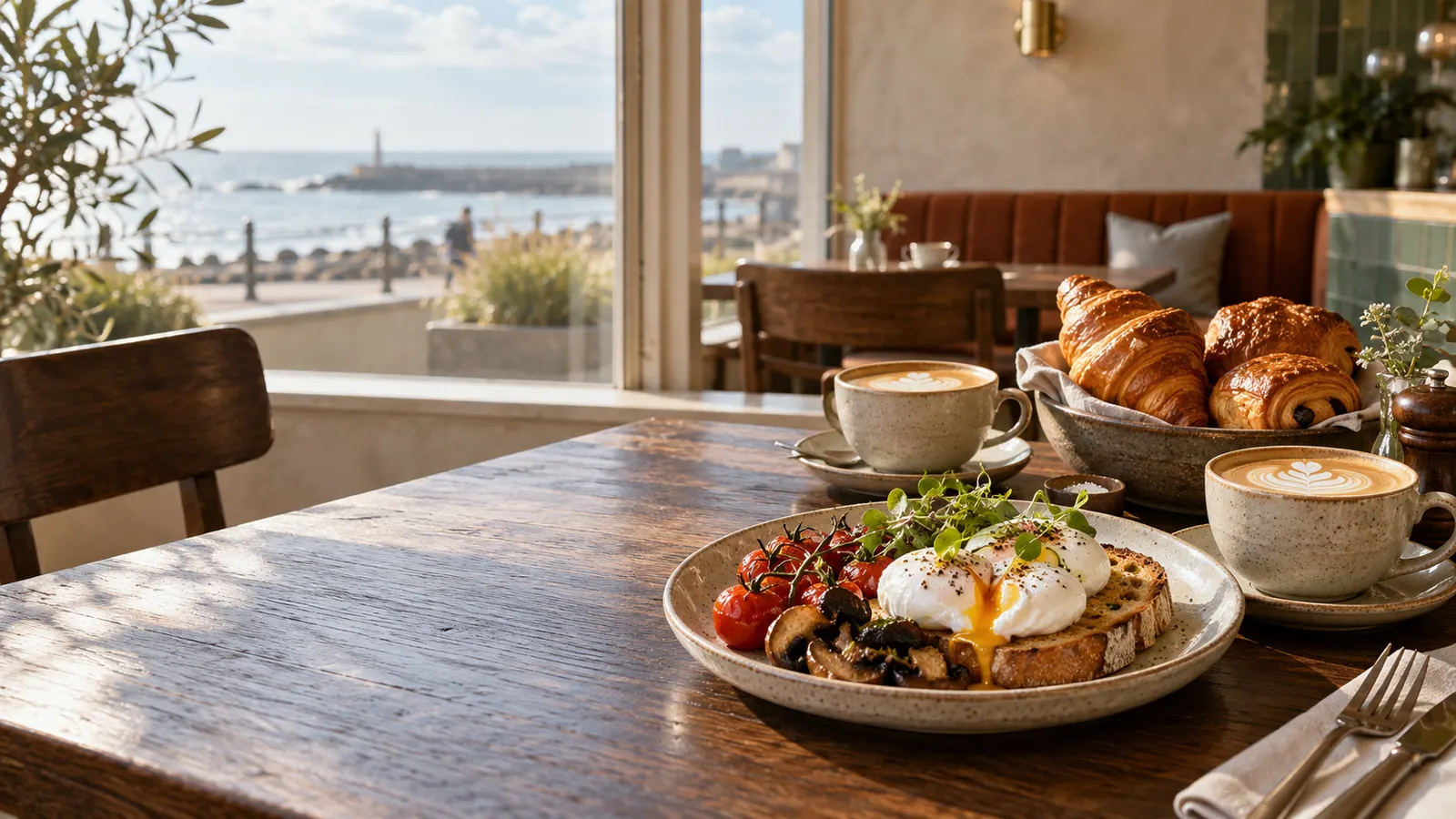 A breakfast table by the window with the sea beyond