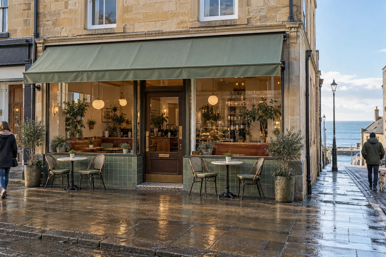 The exterior of Sorrel Café & Bakehouse on a wet morning, green awning and pavement tables