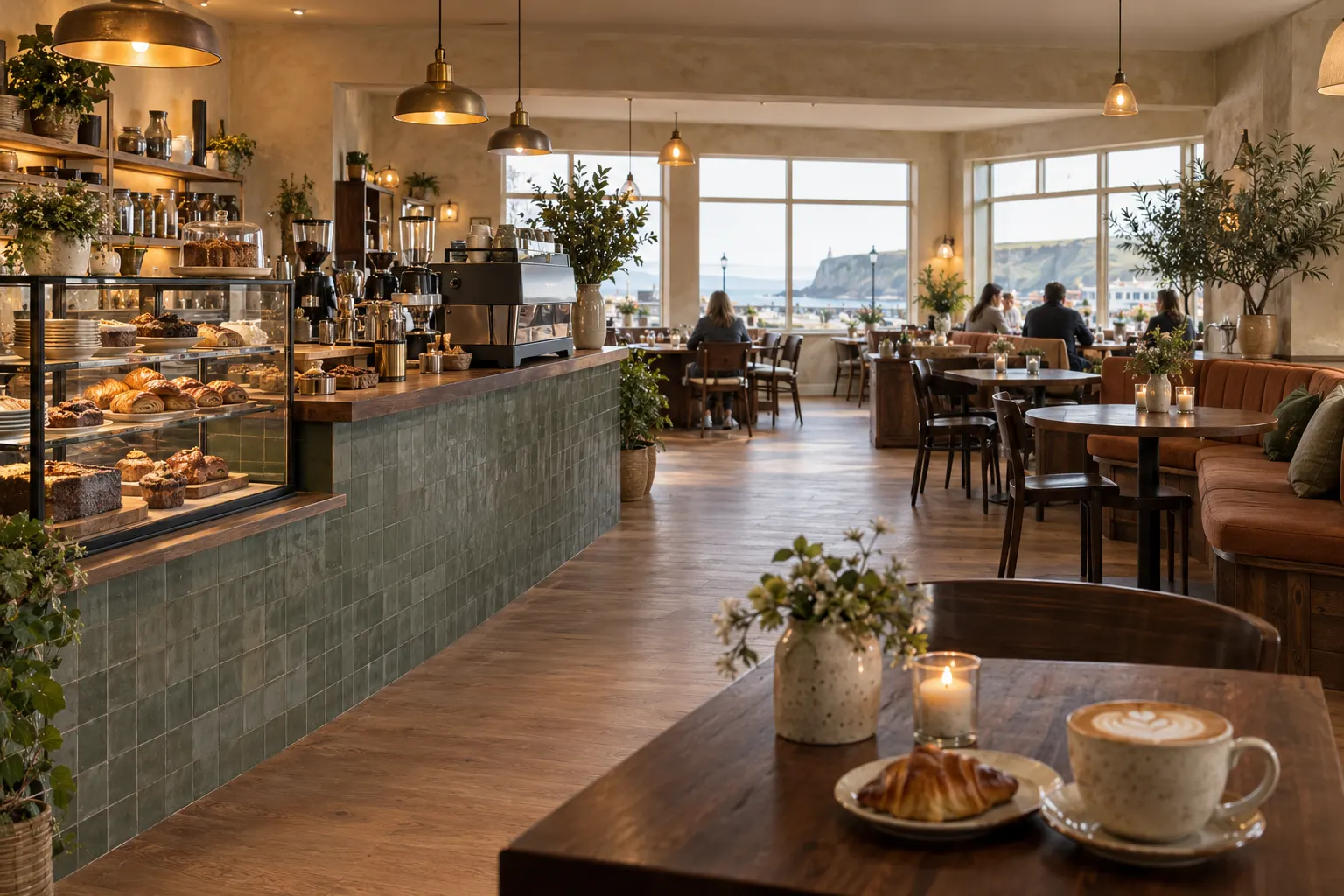 The interior seating area with banquettes and pendant lighting