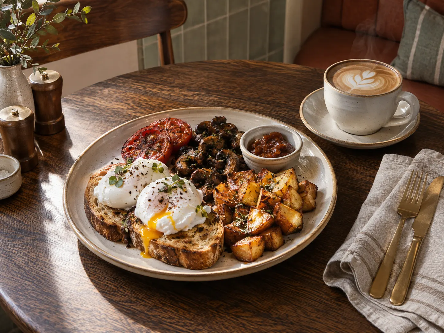 A plated breakfast of poached eggs, mushrooms and roast tomatoes on sourdough