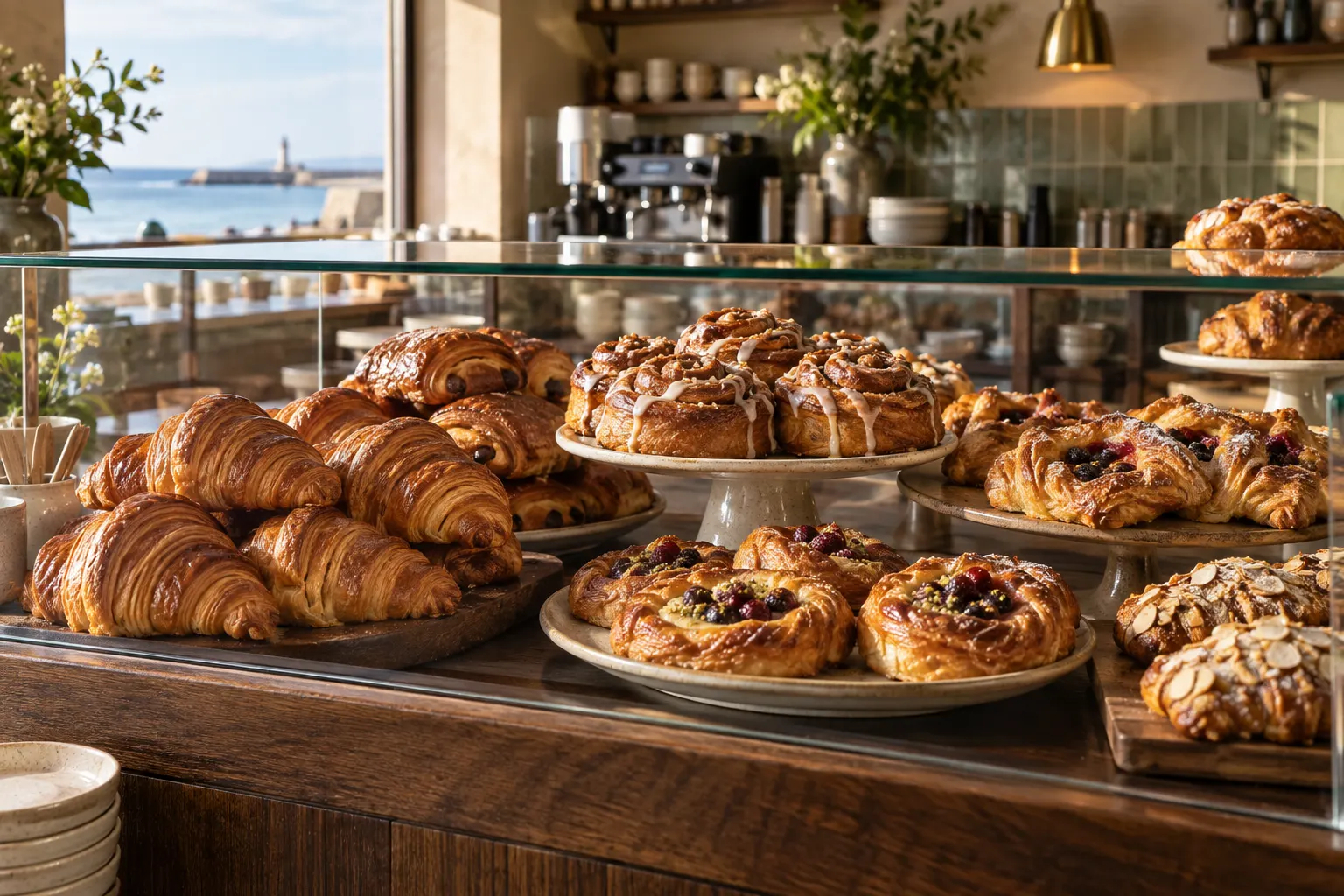 A tray of croissants and pains au chocolat fresh from the oven