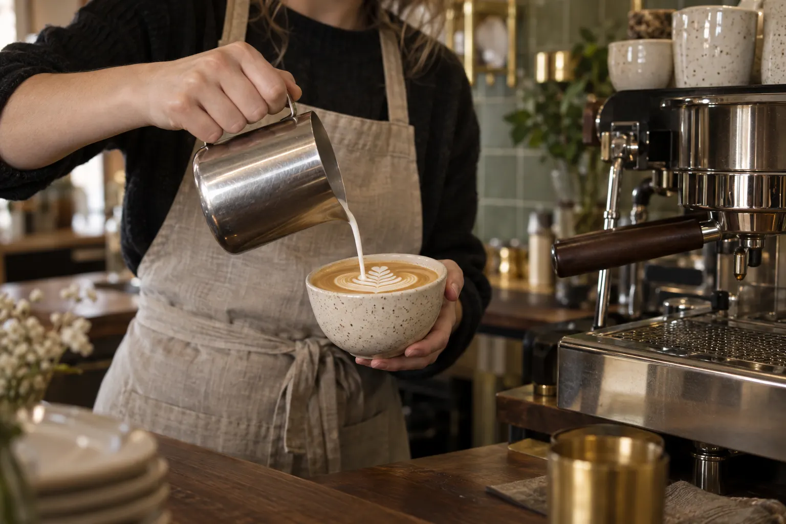 A barista pouring steamed milk into a flat white at the counter at Sorrel Café & Bakehouse