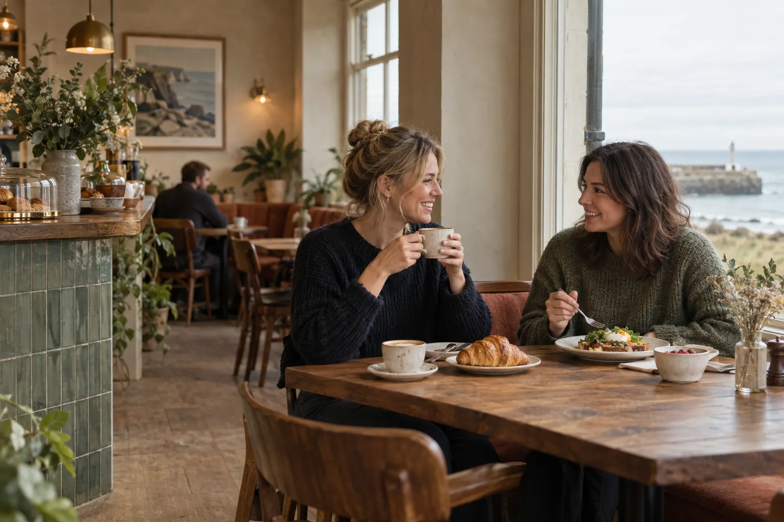 Customers talking over breakfast in the window seats
