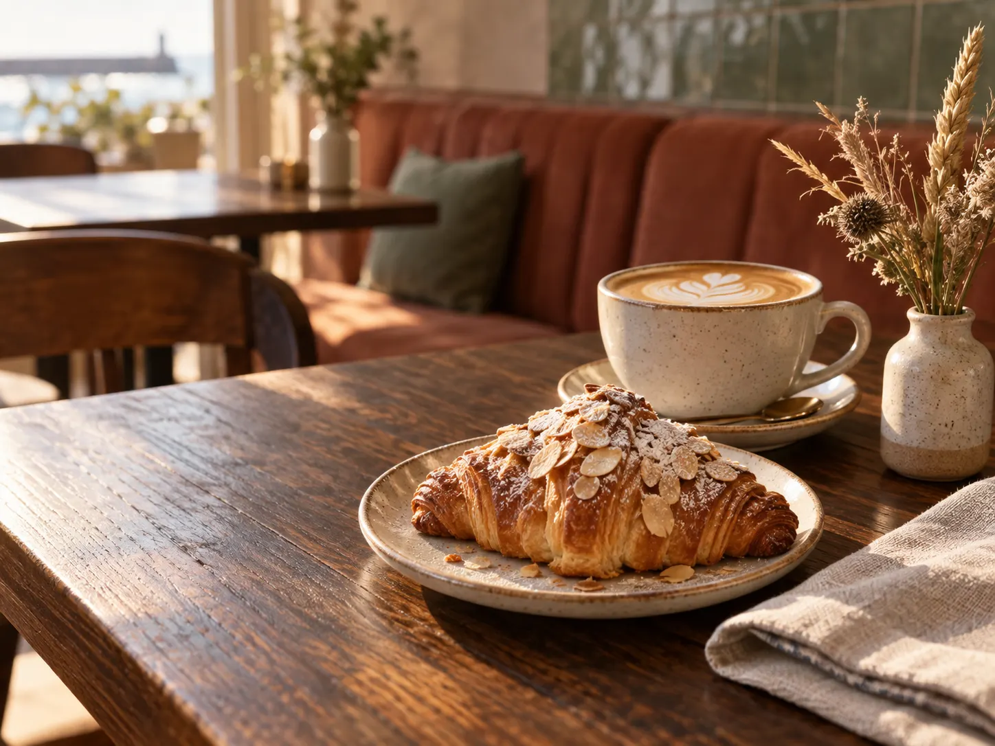 A croissant beside a flat white on a marble table